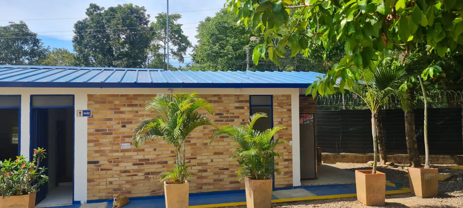 Bloque administrativo con cubierta metálica azul, jardineras y cerramiento con concertina al fondo