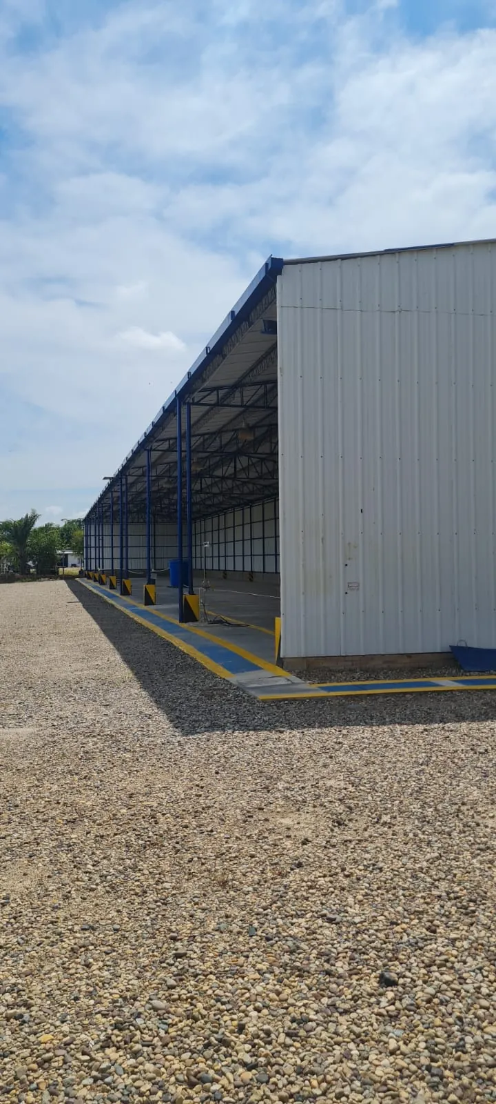 Costado del hangar con columnas metálicas azules y bases demarcadas en amarillo de seguridad